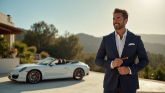 AI Headshot: {prompt}, stands on the terrace of his luxurious villa, dressed in an elegant suit and wearing a Rolex watch. Behind him, a sleek Porsche 911 Carrera gleams in the sunlight. He shares a joyful smile and a Cuban cigar with his friends, exuding an air of relaxation and sophistication. The scene radiates peace, luxury, and glamour, with the high-end setting and {prompt}’s calm demeanor capturing the essence of refined leisure.