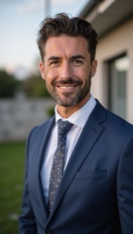 AI Headshot: headshot of {prompt} as Real Estate Agent, outdoor house background, in a suit, house background, Half-body digital photo , realistic, highly detailed, photorealistic, 8k, looking towards the camera